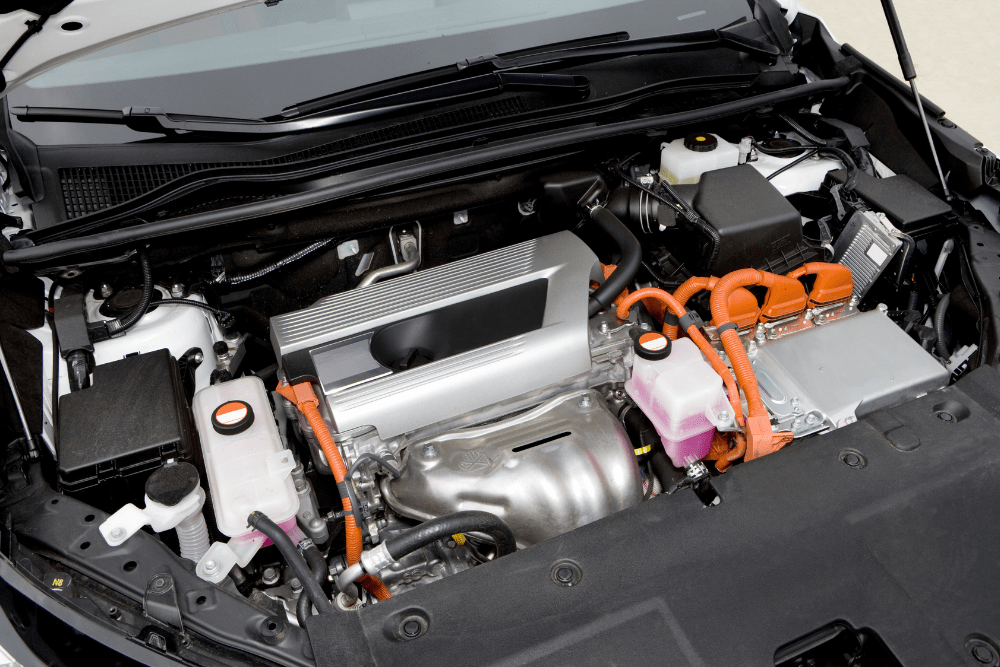 hybrid repair and maintenance, auto repair in York, PA at Quality Service Center. Close-up view of an open hood showcasing the engine compartment of a hybrid vehicle.